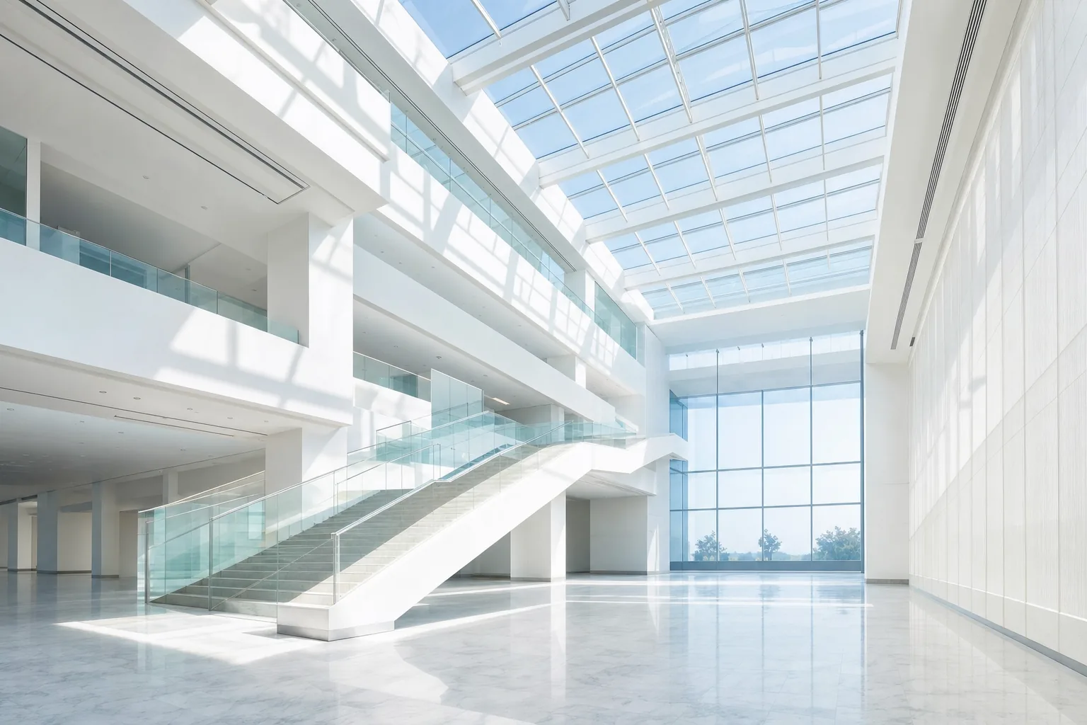 Helles Gebäude-Atrium; unter dem Zeiger wird die verborgene Gebäudetechnik als blaue technische Zeichnung sichtbar: Lüftungskanäle, Heizungsleitungen, Klimageräte