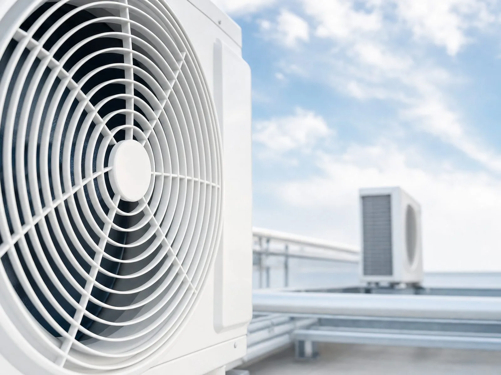 Nahaufnahme des Ventilatorgitters eines Klima-Aussengeräts auf einem Flachdach